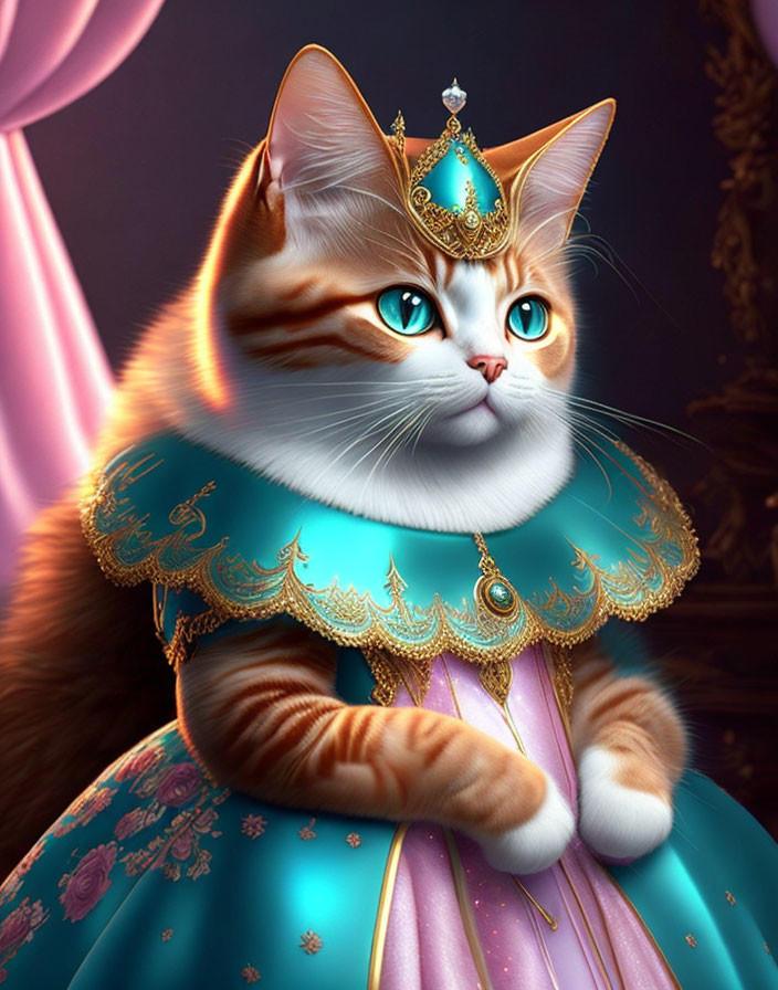 Regal cat with jeweled crown and turquoise dress on purple background