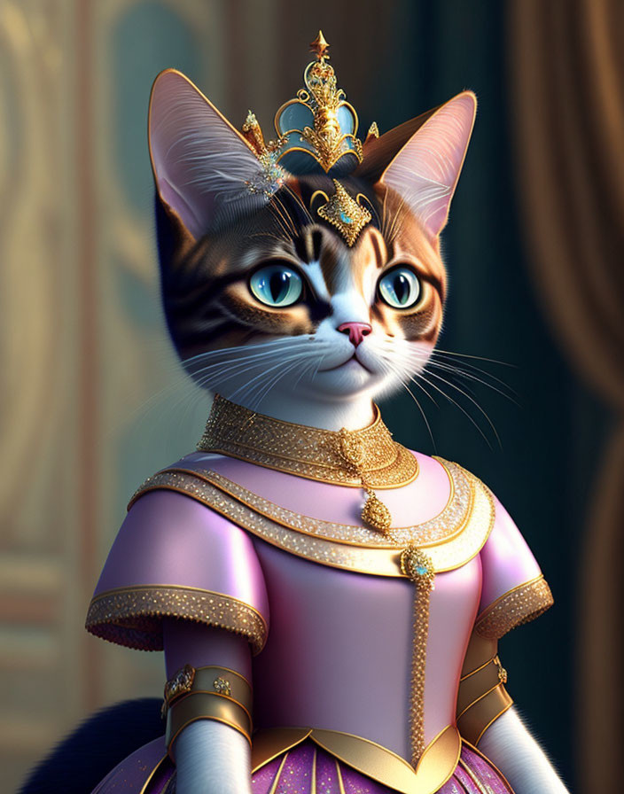 Regal animated cat wearing crown and elegant pink dress.