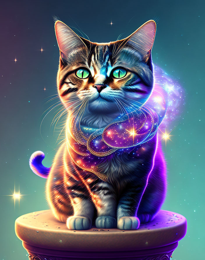 Colorful Cat Illustration with Cosmic Pattern and Nebula Scarf