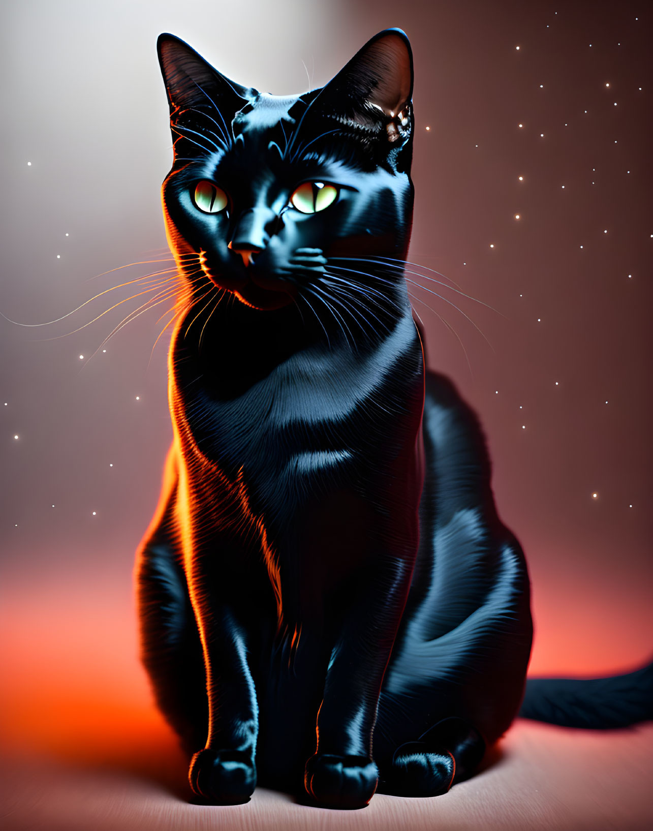 Sleek Black Cat with Yellow Eyes on Red Starry Background