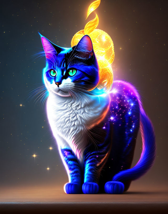 Cosmic Cat Digital Artwork: Blue Fur, Glowing Eyes, Celestial Tail