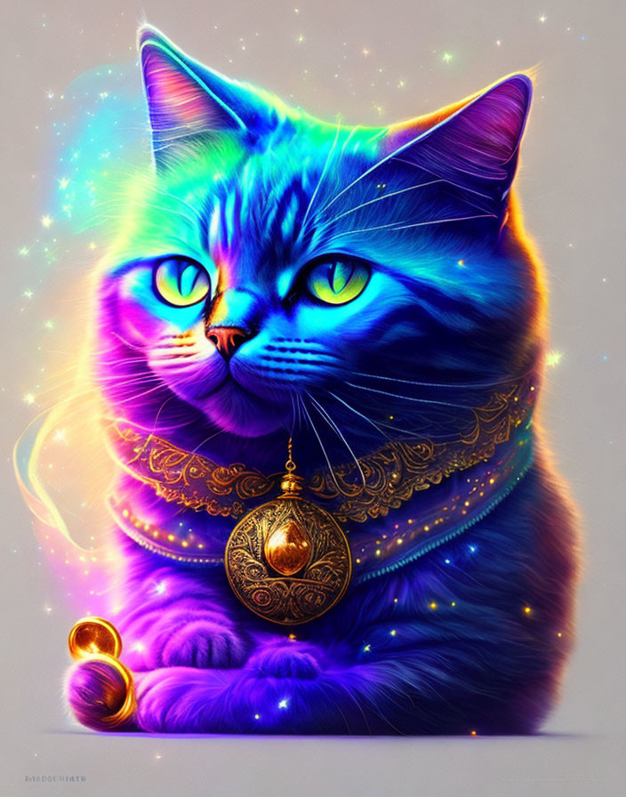 Blue mystical cat with golden ornaments in cosmic digital art