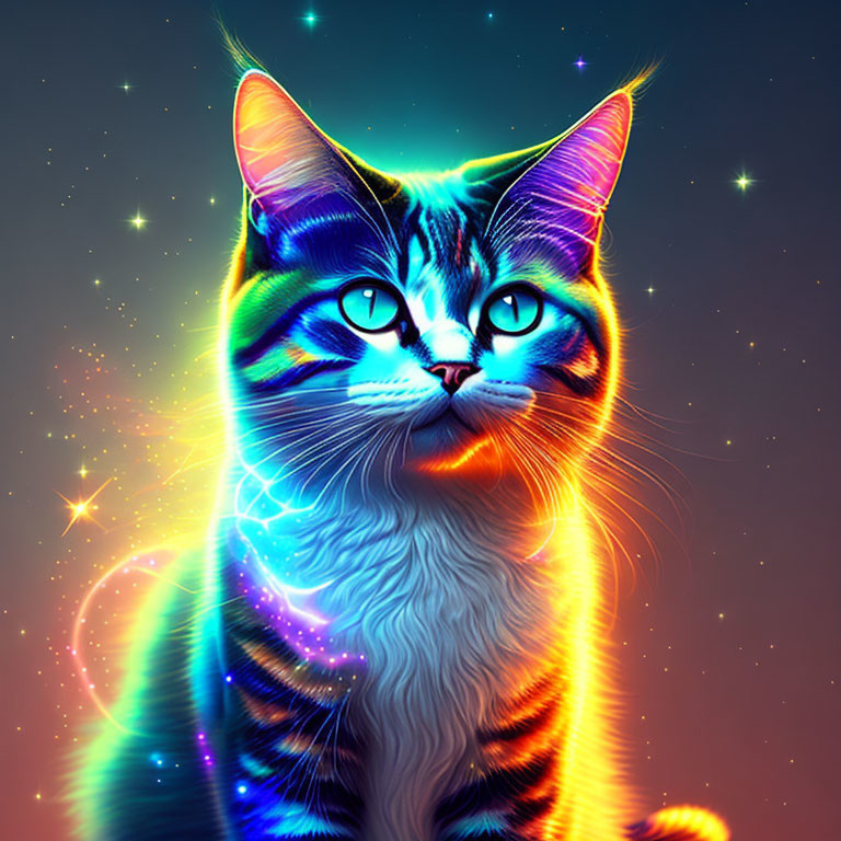 Colorful digital art: Cat with neon stripes on cosmic backdrop