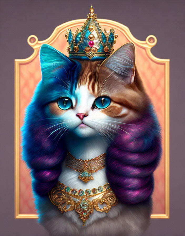 Regal Cat with Colorful Fur Pattern and Crown Portrait