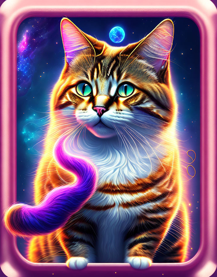 Colorful cosmic cat art with glowing purple tail on starry space background