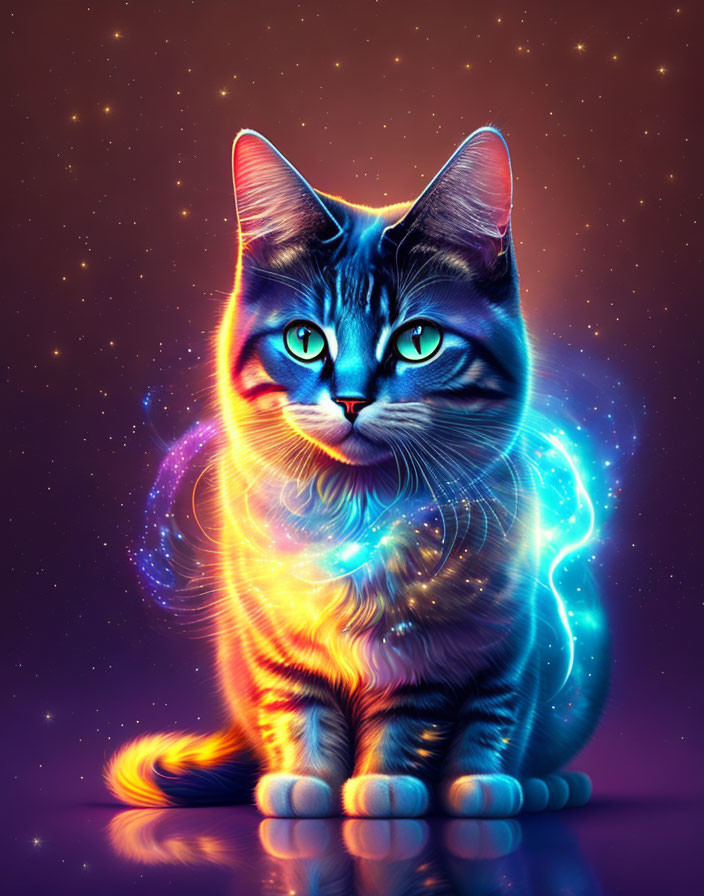 Colorful Cat Illustration with Glowing Patterns on Starry Background