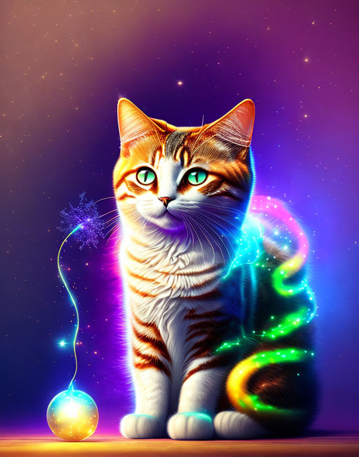 Tabby cat digital illustration with celestial patterns and vibrant lights