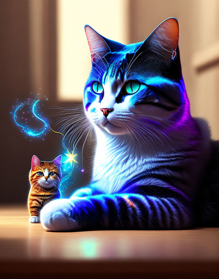 Large Cat with Blue Eyes and Magical Miniature Version in Digitally Enhanced Image