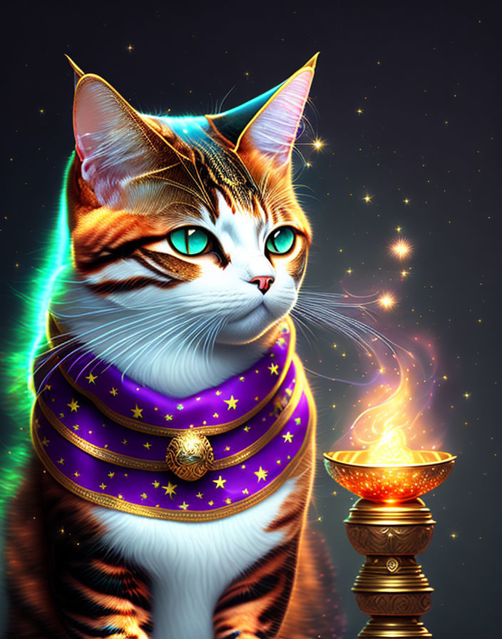 Majestic cosmic cat with colorful scarf, ethereal horns, and mystical flame on starry backdrop