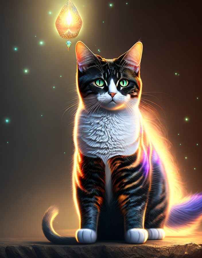 Majestic cat with glowing stripes and wings in digital art