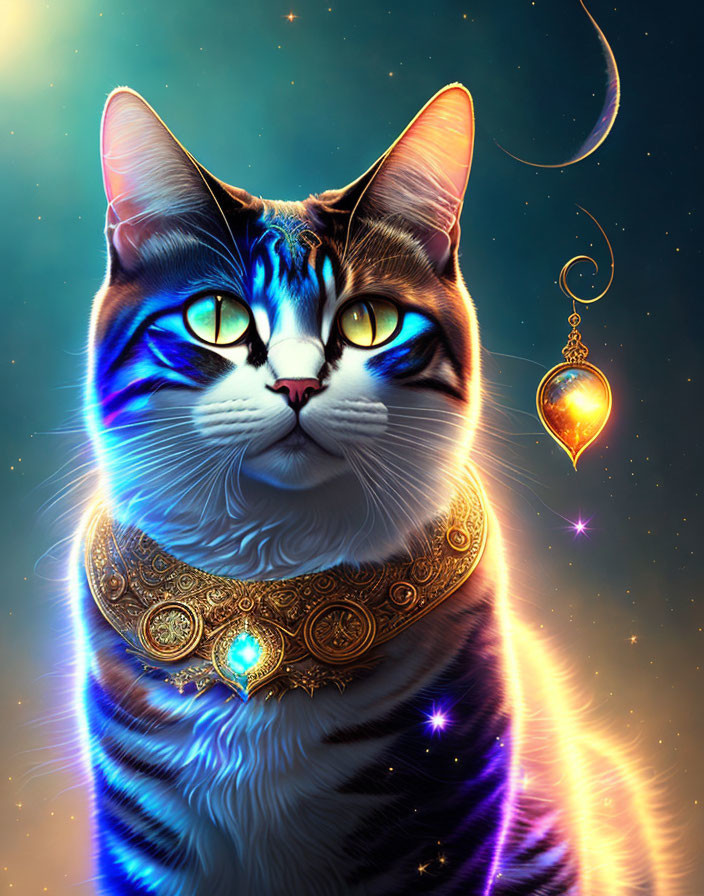 Majestic cat with golden collar in cosmic setting