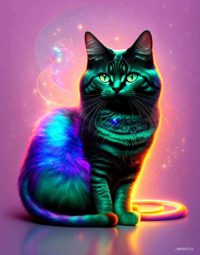 Colorful digital artwork: Neon cat on cosmic background