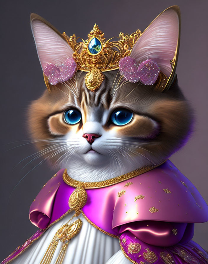 Majestic cat digital artwork with blue eyes, golden crown, and regal purple robe