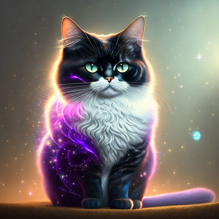 Majestic black and white cat with glowing purple eyes in galaxy aura