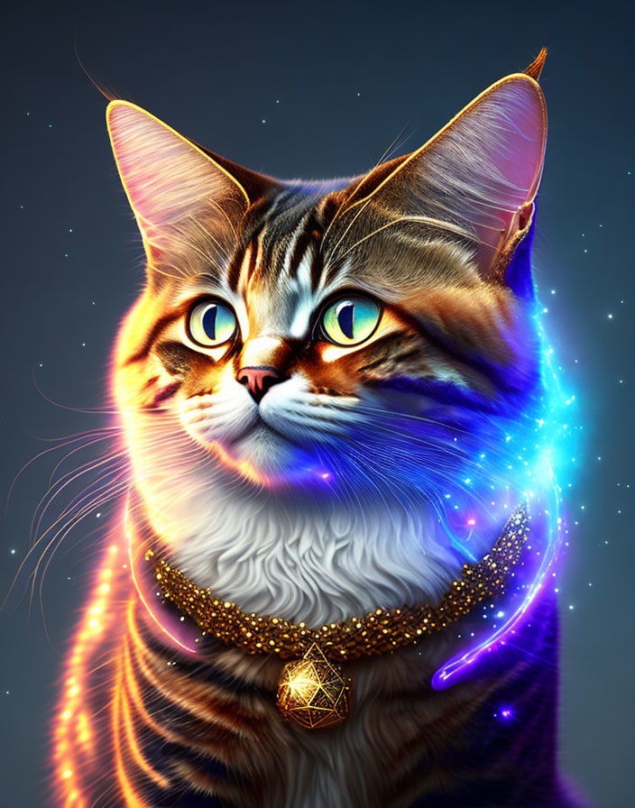 Majestic Cat with Striking Eyes and Glowing Necklace in Celestial Aura