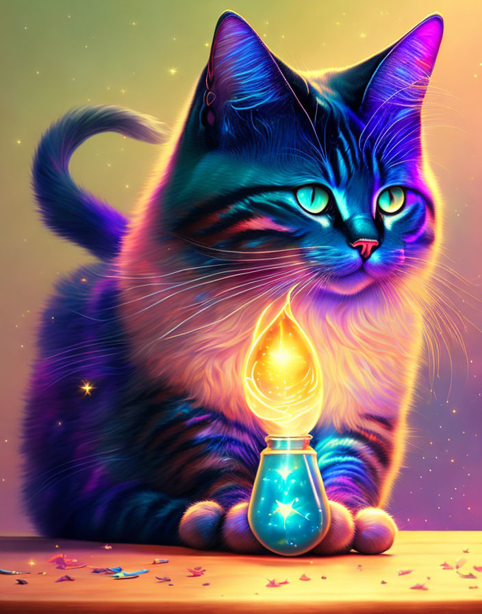 Colorful cat illustration with blue-green fur and glowing lightbulb stars on vibrant backdrop