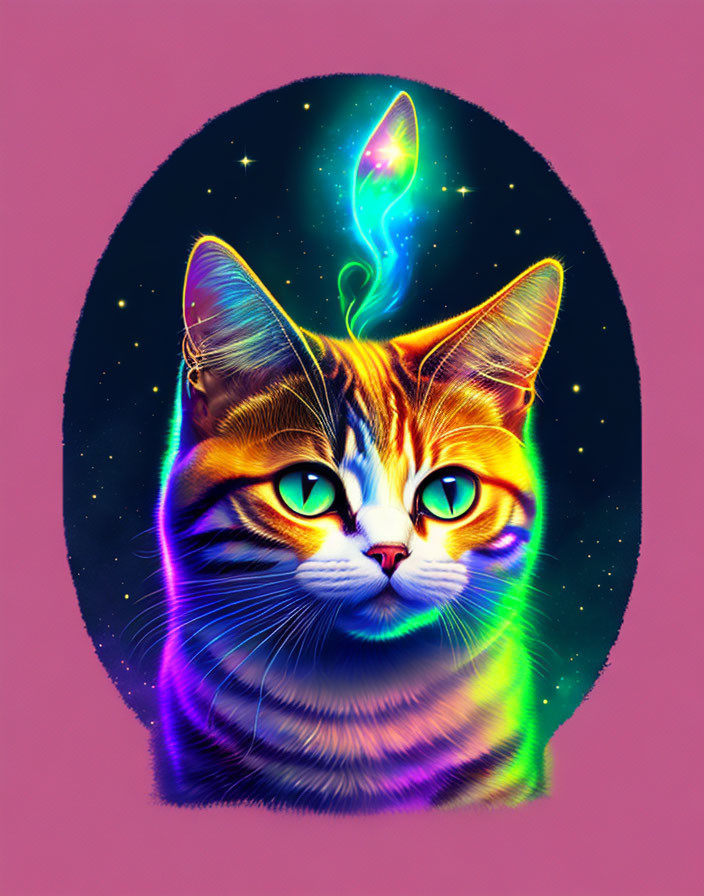 Colorful digital art of a cat with green eyes on pink background