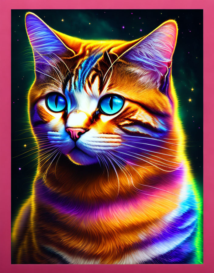 Colorful Cat Artwork with Blue Eyes and Cosmic Theme