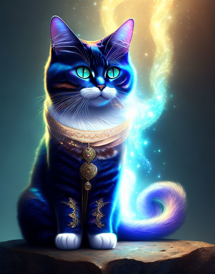 Majestic blue-eyed cat with golden collar in mystical CGI scene