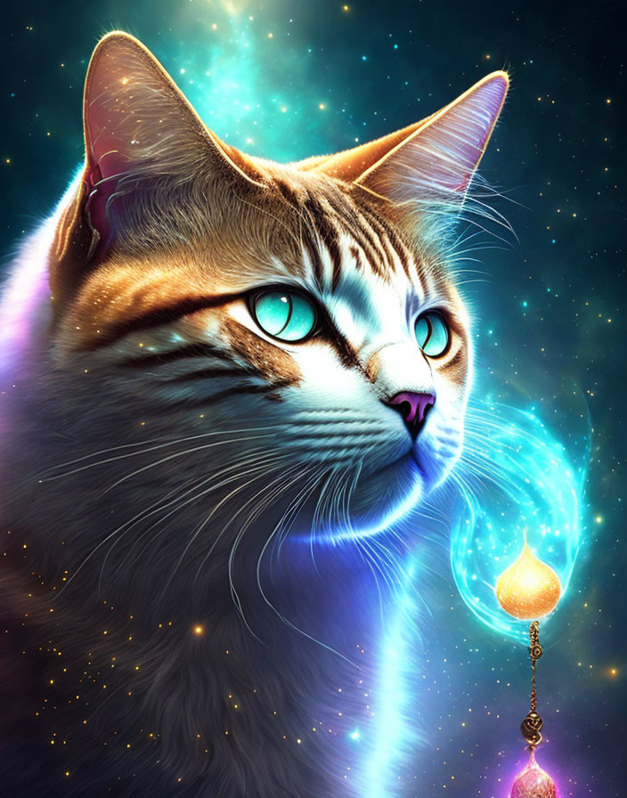 Majestic cat with turquoise eyes in cosmic setting