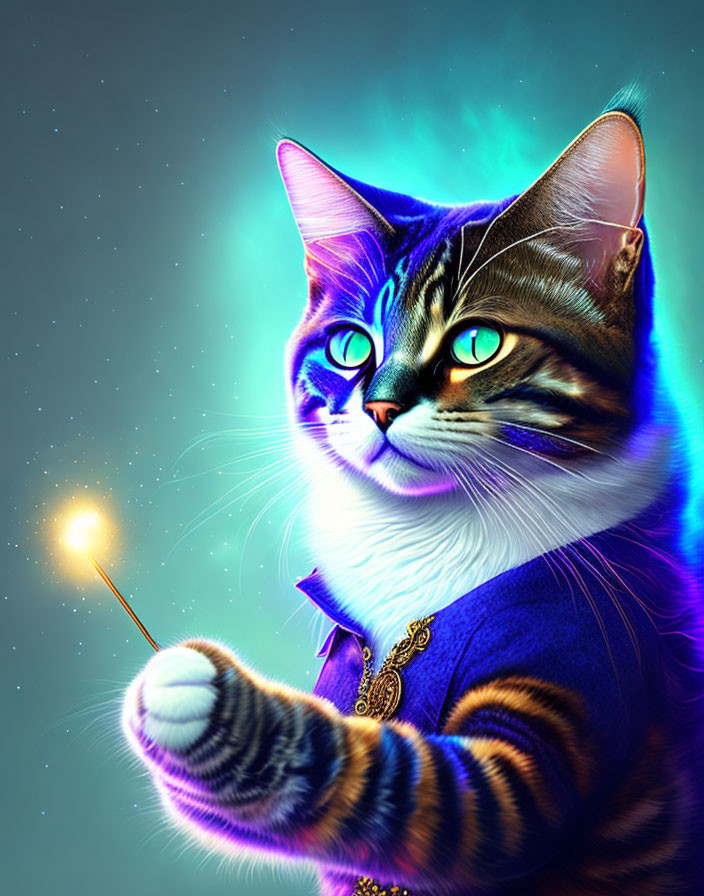 Regal cat in cosmic setting with wand illustration