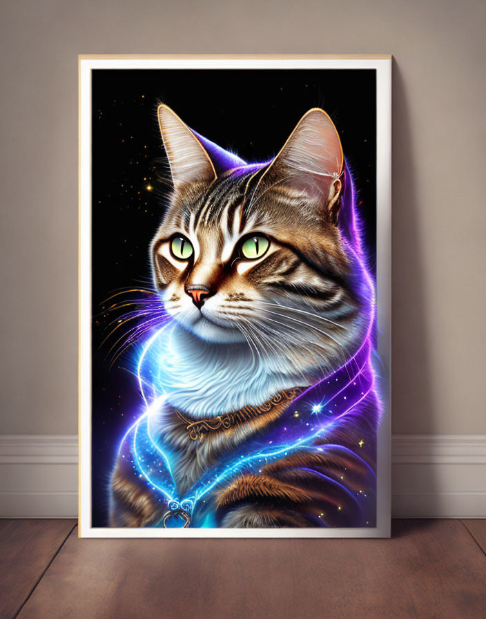 Cat digital illustration with cosmic patterns and glowing eyes in framed setting against starry space backdrop