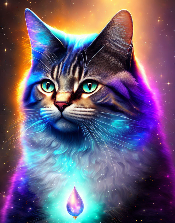 Colorful digital artwork: Blue and purple cat with emerald eyes in starry scene