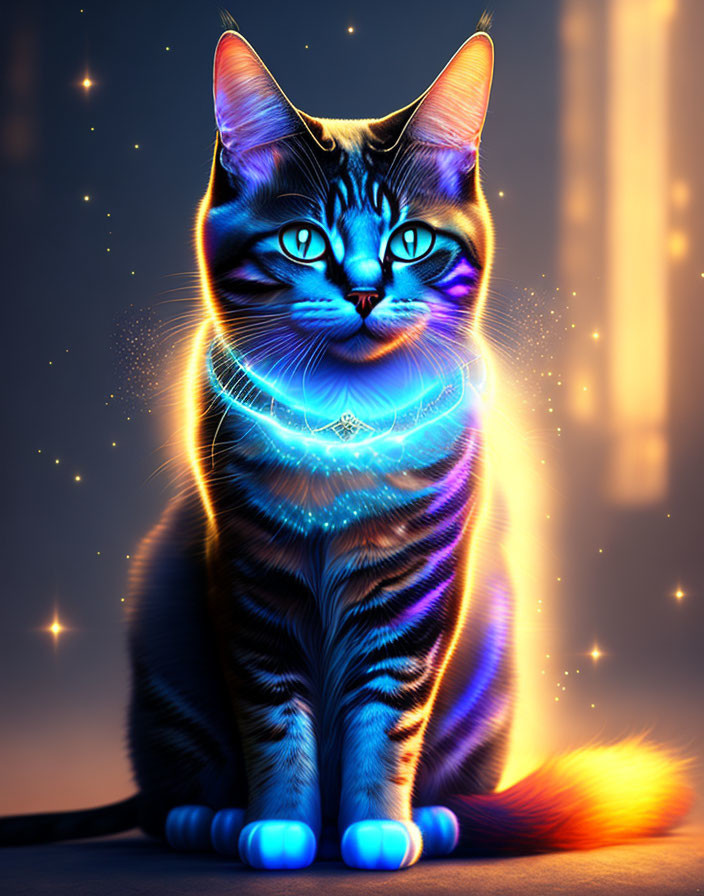 Vibrant digital art: cat with glowing blue eyes and mystical starry backdrop