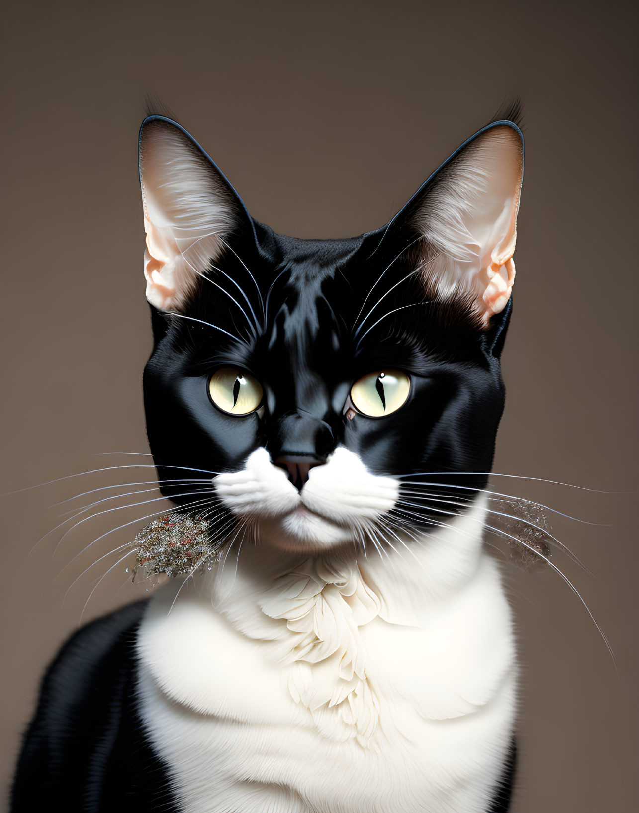 Detailed digital image: Tuxedo cat with yellow eyes and white neckpiece on taupe background