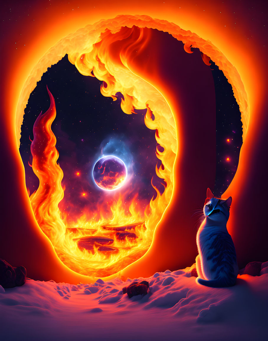 Cosmic scene with cat and fiery ring in star-studded night sky