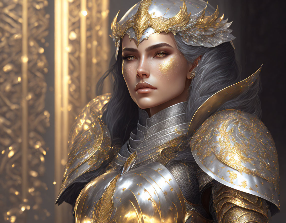 Regal female warrior in golden and silver armor against golden backdrop