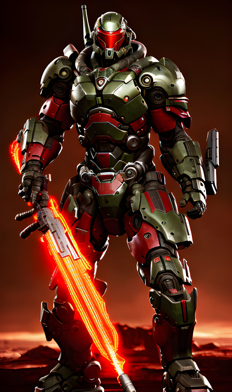 Futuristic armored robot with glowing sword and gun on orange backdrop