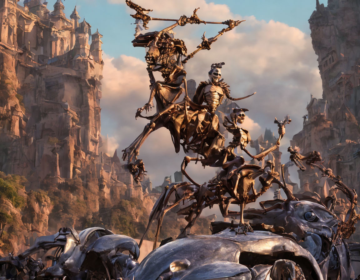 Fantastical scene: Skeletal warriors on horseback with medieval weapons in rocky spires backdrop