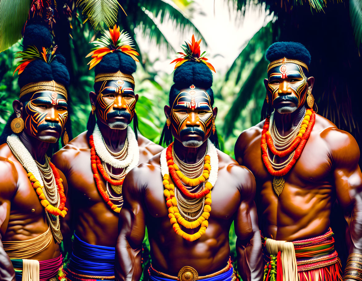 Four individuals in traditional tribal attire with elaborate headdresses and face paint amidst lush greenery