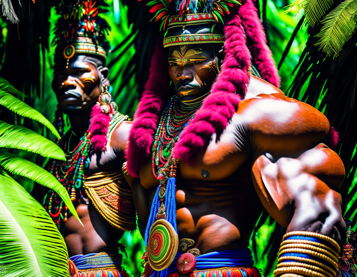 Traditional African attire: Two individuals in vibrant outfits with elaborate jewelry and headdresses amidst lush greenery