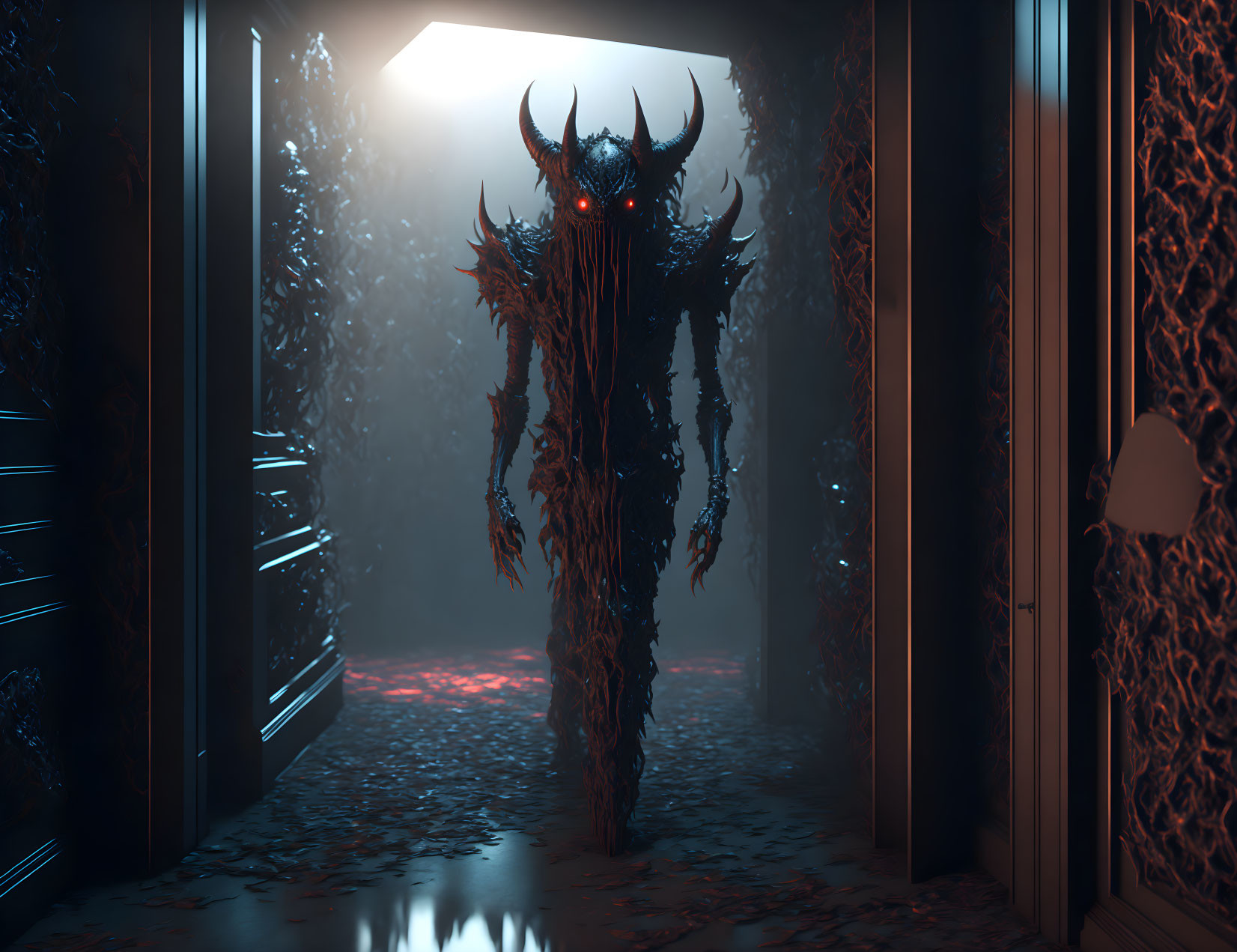 Sinister figure with glowing eyes and horns in dimly-lit corridor