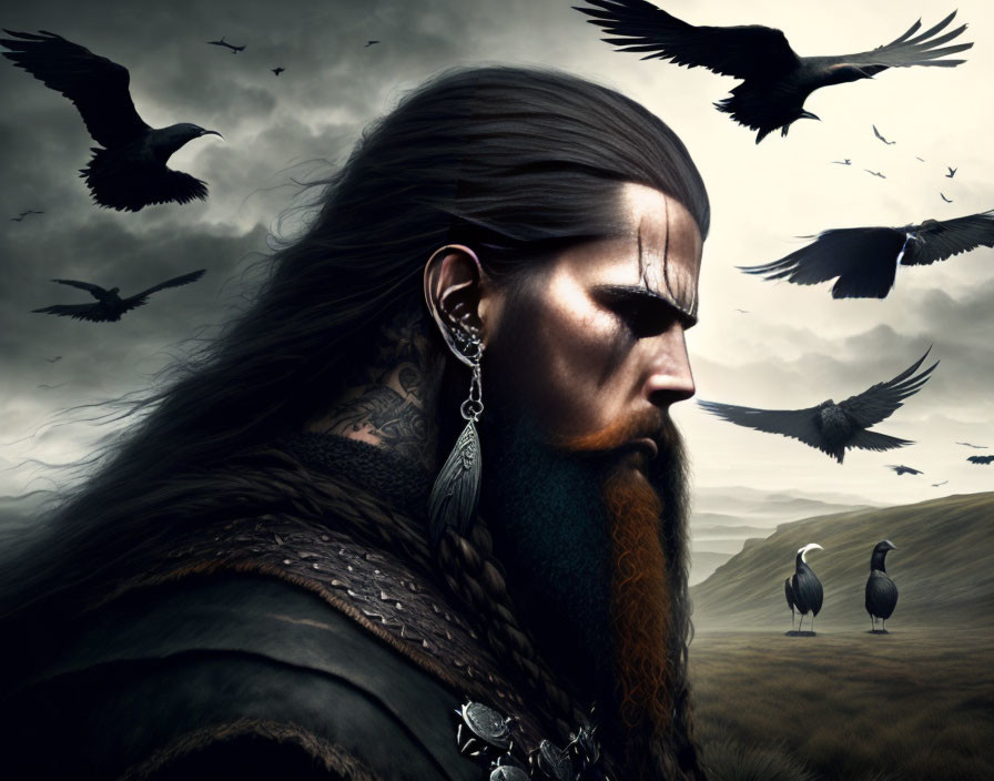 Bearded Viking warrior with tattoos and crows in bleak landscape