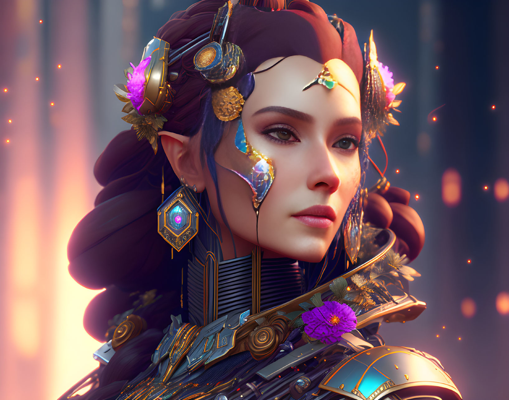 Detailed female character with gold armor and purple flowers on warm backdrop