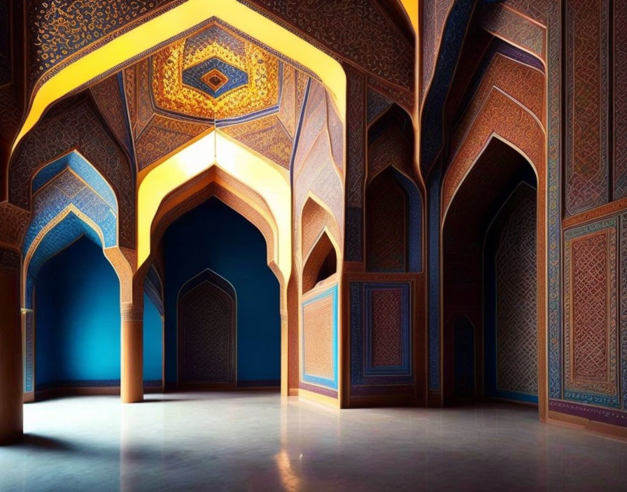 Intricate Islamic patterns in ornate room with arched doorways