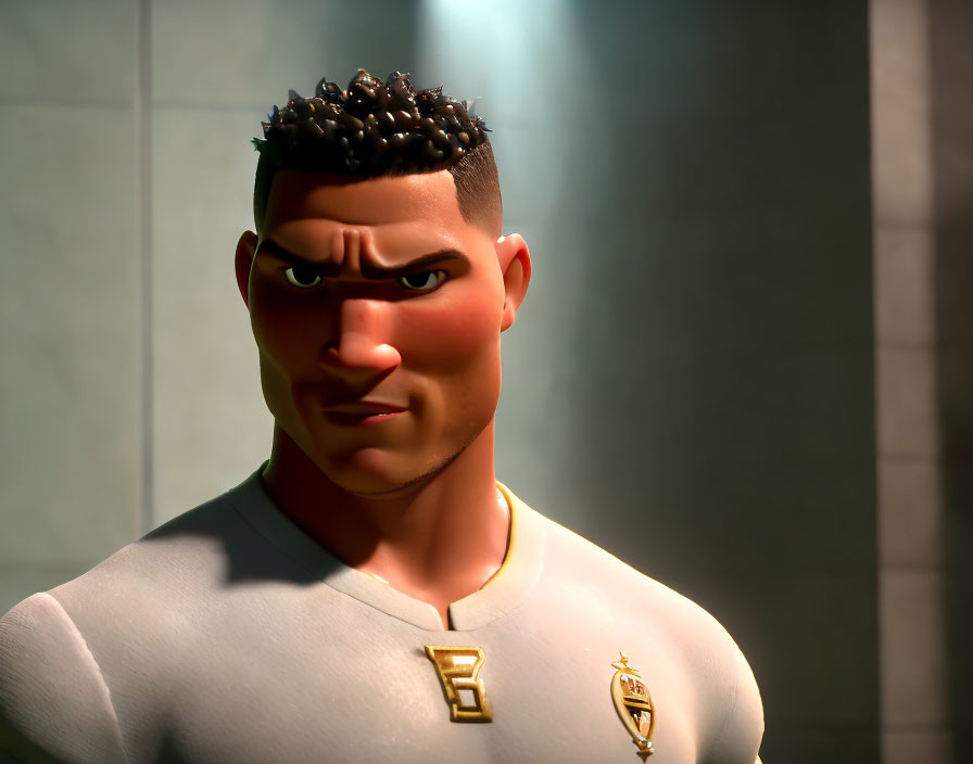 Confident male character in 3D animation with white jersey and golden emblem