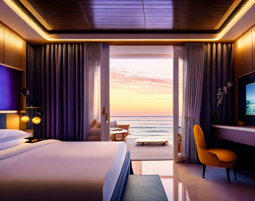 Sunset ocean view hotel room with elegant decor and modern furnishings