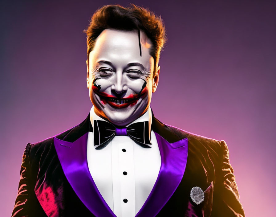 Person with Joker-like face paint in purple suit on gradient background