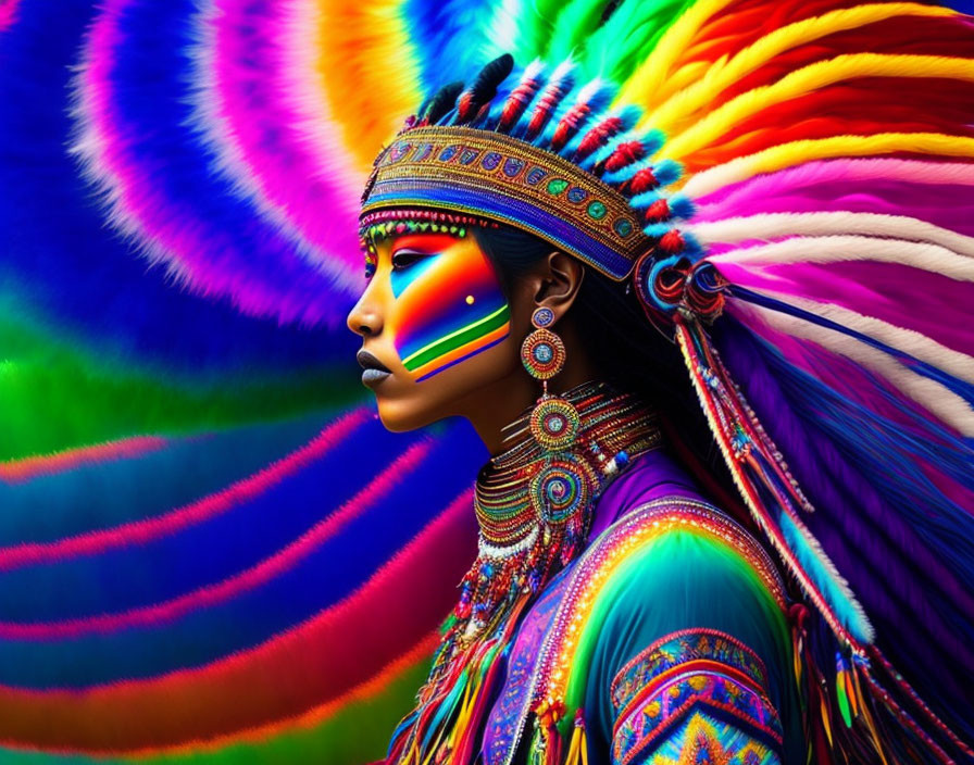 Traditional regalia woman in vibrant colors with feathered headdress on swirling background