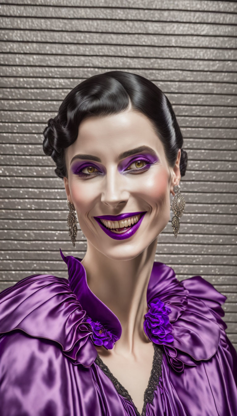 Dark-haired woman with vintage waves, purple makeup, blouse, and earrings.