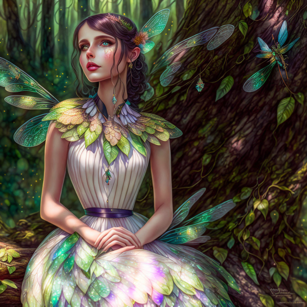 Ethereal woman with butterfly wings in mystical forest surrounded by dragonflies