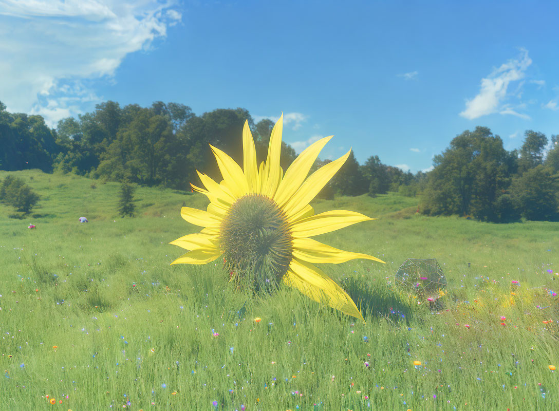 Sunflower in lush field under clear blue sky with wildflowers.