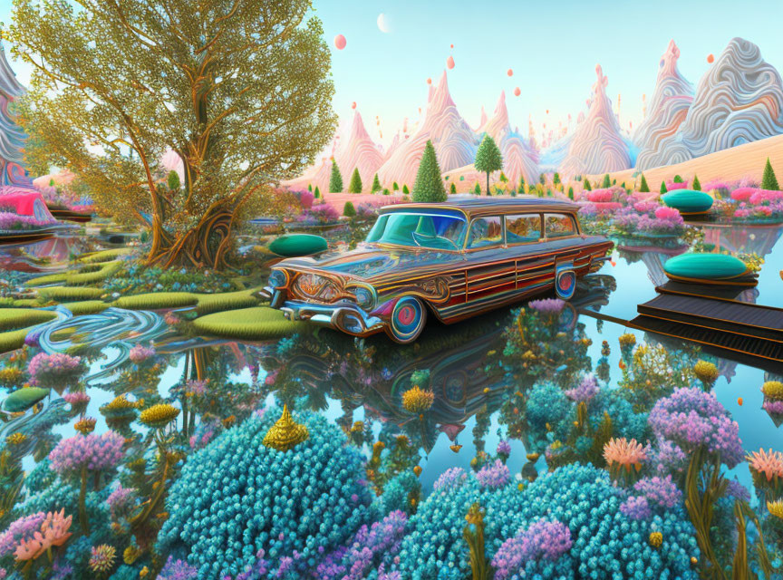 Colorful surreal landscape with station wagon, fantastical flora, reflective water, and whimsical mountains.