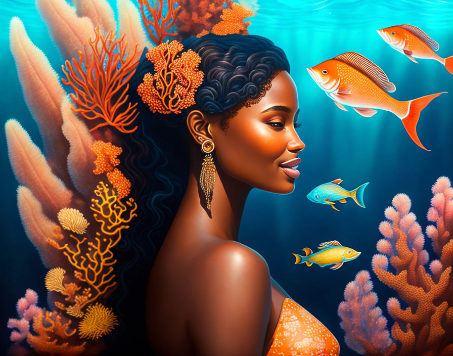 Woman with Elaborate Hairstyle Among Coral and Tropical Fish