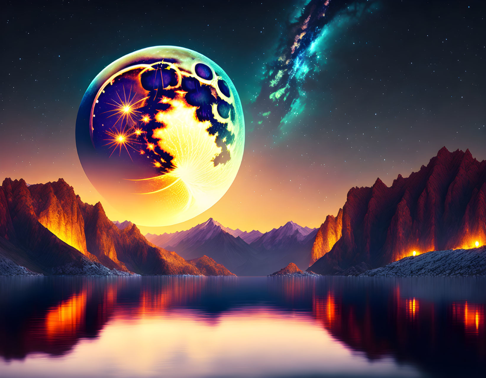 Detailed Moon Over Mountainous Lake Scene in Vibrant Fantasy Landscape