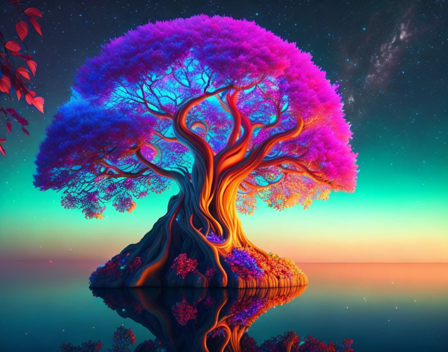 Fantasy tree with purple foliage on island under starry twilight sky